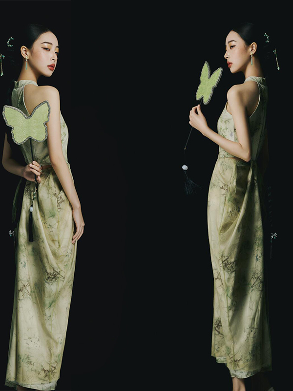 Ethnic Fashion Studio - Neues grünes rückenfreies Kleid im chinesischen
