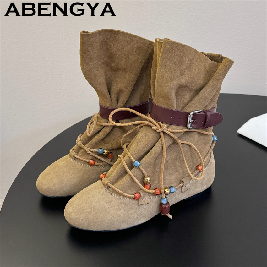 Ethnic Fashion Week - Ethnischer Stil Perlenriemen-Design Wildleder Stiefeletten Damen