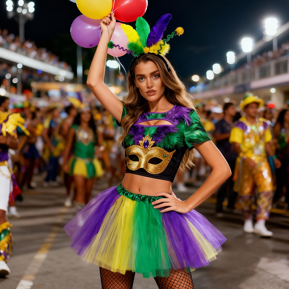 Ethnic Clothing & Online Fashion Store Khaadi Us - 2026 Karnevalskostüm-Set Funkelnde Feder Dreifarbiges Party-Tanz-Halloween-Festival-Outfit
