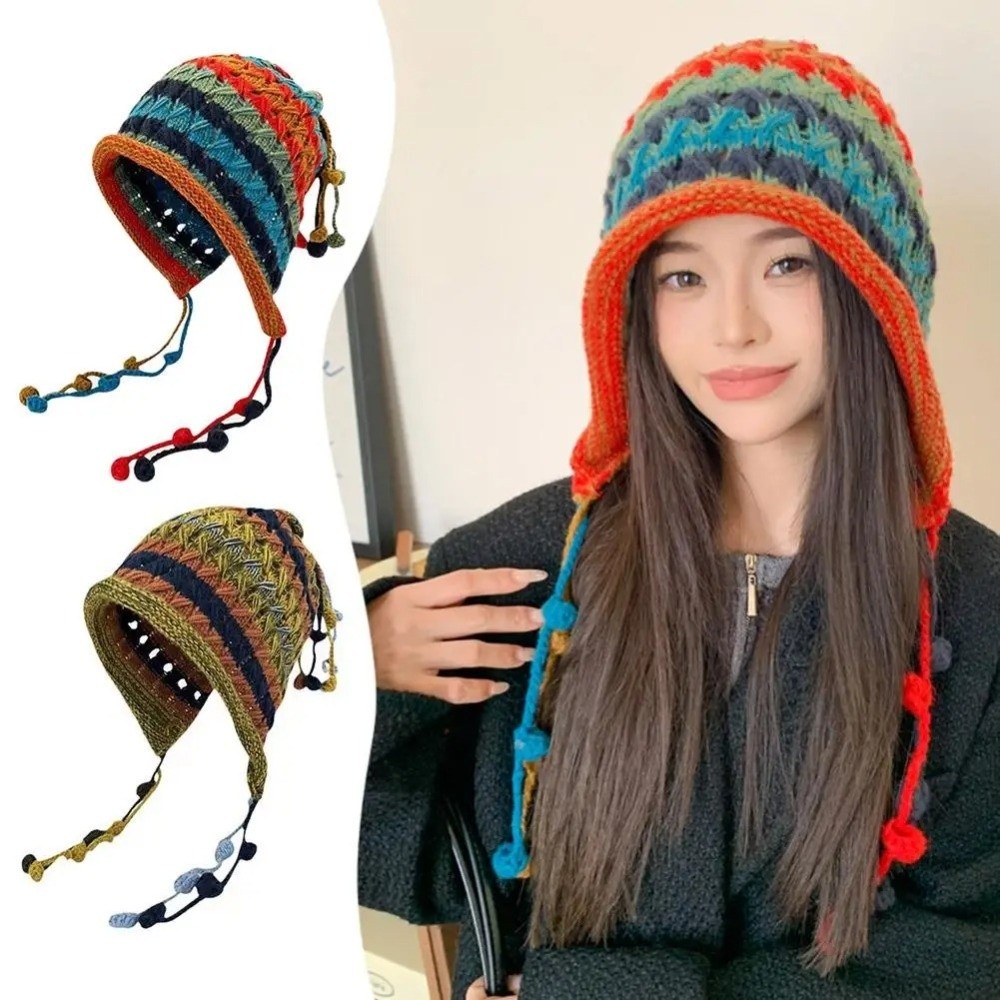 Winter Ethnic Fashion For Women - Modische Regenbogen-Gestreifte Gestrickte Wollmütze mit Quaste