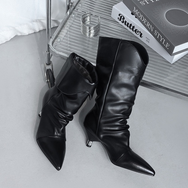 Ethnic Fashion Week - Spitze Zehen-Kätzchen-Absätze, mittelhohe Stiefel, Damen-Qualität, Wildleder,