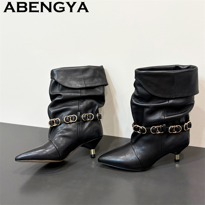 Ethnic Fashion Week - Hochwertige Echtleder-Stiefeletten mit Kitten-Heel für Damen,