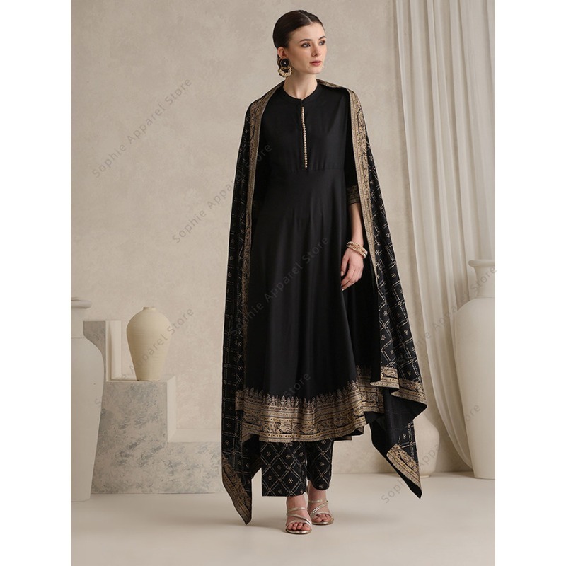 Salwar Kameez Set - Elegantes schwarzes indisches Salwar Kameez Dupatta-Set